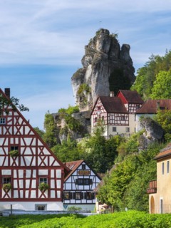 Zechenstein rock formation and half-timbered houses, rock castle and Franconian Switzerland Museum,