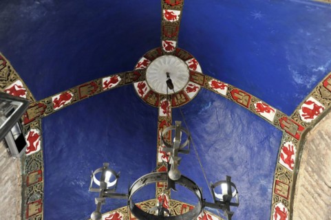Castillo de Santa Catalina in Jaen, view of an ornate ceiling with chandelier in medieval style,
