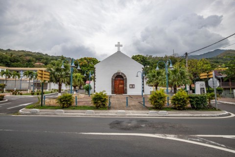 Deshaies, historic Caribbean wooden building of a street in Guadeloupe, Caribbean, French Antilles