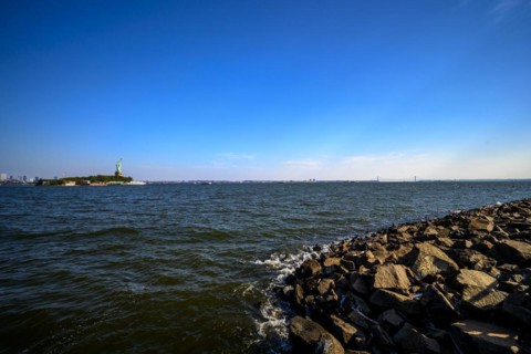 Views on New York Harbor, Manhattan and Statue of Liberty from the Liberty State Park, Jersey City,