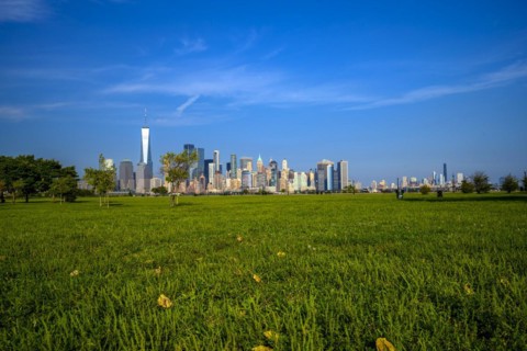 Views on New York Harbor, Manhattan and Statue of Liberty from the Liberty State Park, Jersey City,