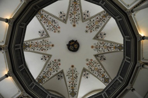 Langenburg Castle, view upwards to an artistically decorated vaulted ceiling in an interior room,