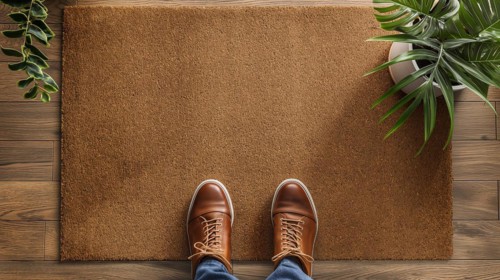 Blank welcome mat and pair of feet at front door of house. generative AI, AI generated