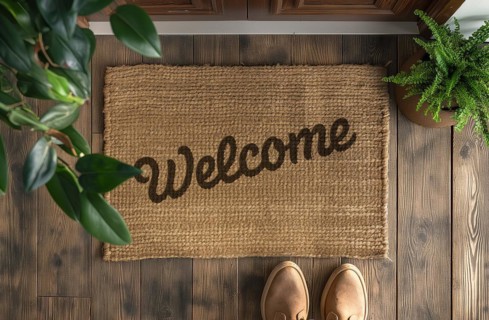 Welcome mat at front door of house. generative AI, AI generated