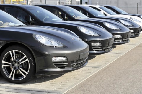 A row of black Porsche cars parked in a car park, Schwaebisch Gmuend, Baden-Wuerttemberg, Germany,