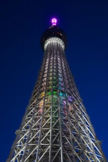 634 meters high Tokyo Skytree, broadcasting and observation tower in Sumida illuminated at night in