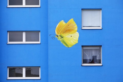Sunflower house, painted yellow lemon butterfly on a skyscraper, artist Ulrich Allgaier, Wuppertal,