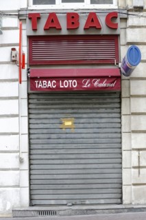 Marseille, Closed tobacco shop with red awning and golden letters, Marseille, Departement