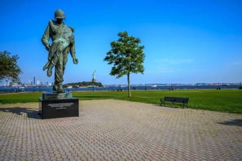 Views on New York Harbor, Manhattan and Statue of Liberty from the Liberty State Park, Jersey City,