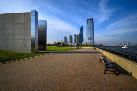 Views on New York Harbor, Manhattan and Statue of Liberty from the Liberty State Park, Jersey City,