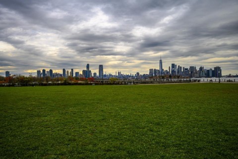Views on New York Harbor, Manhattan and Statue of Liberty from the Liberty State Park, Jersey City,