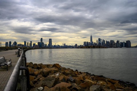 Views on New York Harbor, Manhattan and Statue of Liberty from the Liberty State Park, Jersey City,