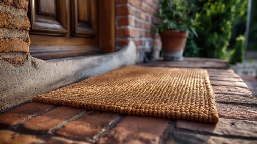 Blank welcome mat at custom front door of house. generative AI, AI generated