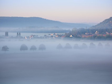 Morning fog in the Bluetengrund, Saale valley near Naumburg (Saale), Saxony-Anhalt, Germany, Europe