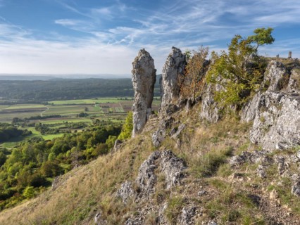 Wiesenthauer Nadel rock formation on the Ehrenbuerg witness mountain, also known as Walberla,