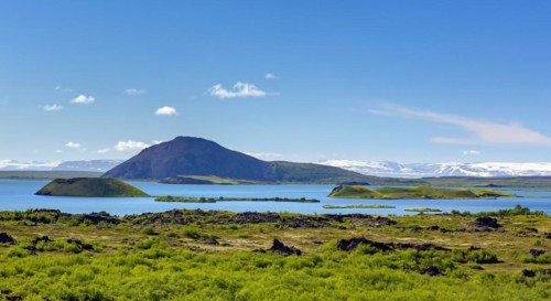 View over the shallow lake Myvatn in summer, Norourland eystra, Nordurland eystra in the north of