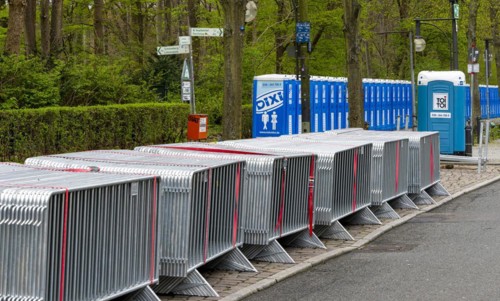 Barrier fences provided for a running event, Strasse des 17. Juni, Berlin, Germany, Europe