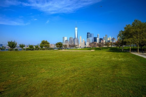 Views on New York Harbor, Manhattan and Statue of Liberty from the Liberty State Park, Jersey City,