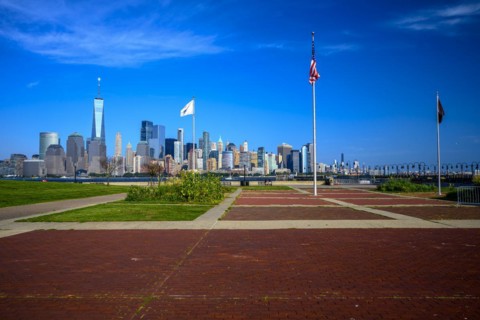 Views on New York Harbor, Manhattan and Statue of Liberty from the Liberty State Park, Jersey City,