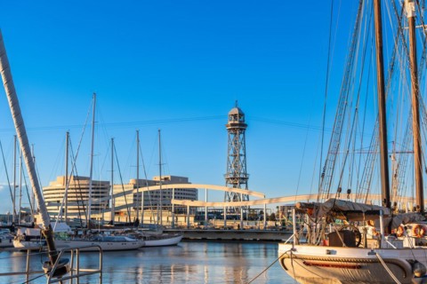 View of the old harbour and the cable car in Barcelona, Spain, Europe