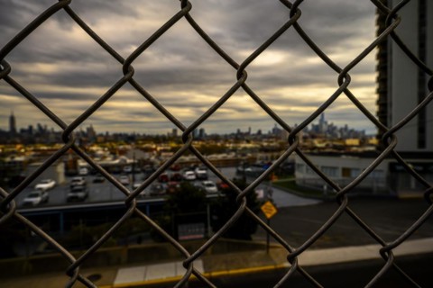 Views on New York Harbor, Manhattan and Statue of Liberty from the Liberty State Park, Jersey City,