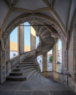 Unsupported spiral staircase in the Grosser Wendelstein stair tower, Hartenfels Castle, Torgau,