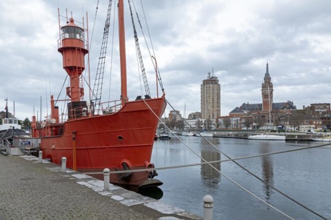 Lightship, boats, marina, skyscraper, houses, tower of the Hotel de Ville, town hall, Dunkirk,