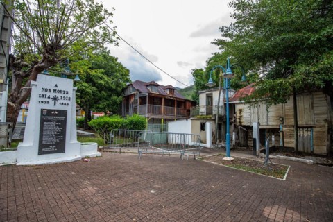 Deshaies, historic Caribbean wooden building of a street in Guadeloupe, Caribbean, French Antilles