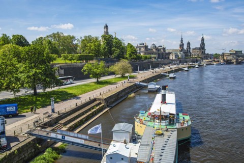 View of the historic old town ensemble and the steamer landing stage on the Terrassenufer in