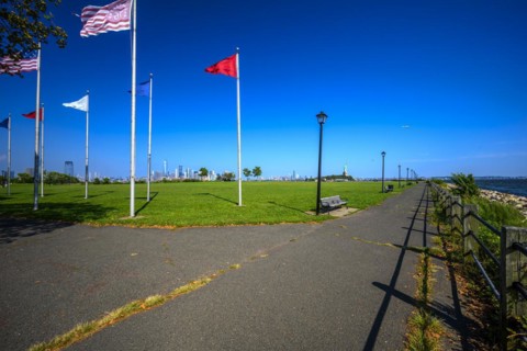 Views on New York Harbor, Manhattan and Statue of Liberty from the Liberty State Park, Jersey City,