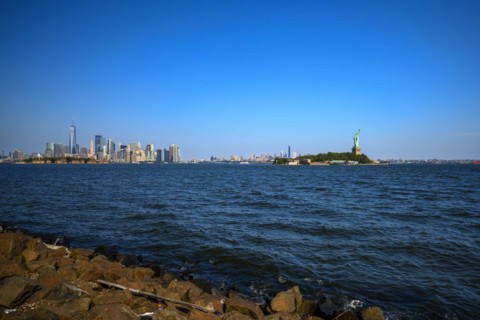 Views on New York Harbor, Manhattan and Statue of Liberty from the Liberty State Park, Jersey City,