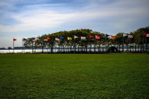 Views on New York Harbor, Manhattan and Statue of Liberty from the Liberty State Park, Jersey City,