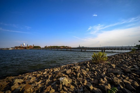 Views on New York Harbor, Manhattan and Statue of Liberty from the Liberty State Park, Jersey City,