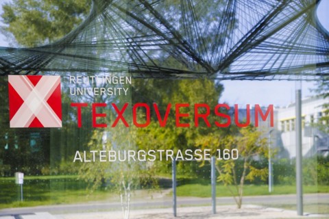 Entrance, glass facade with lettering, letters, Reutlingen University, Reutlingen University,