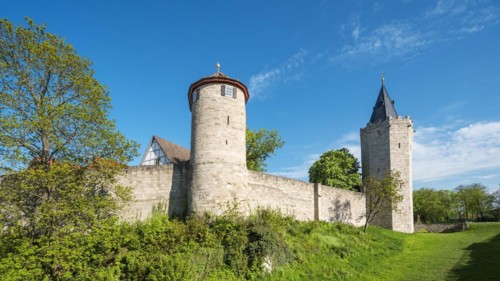 Town wall with defence towers, Muehlhausen, Thuringia, Germany, Europe