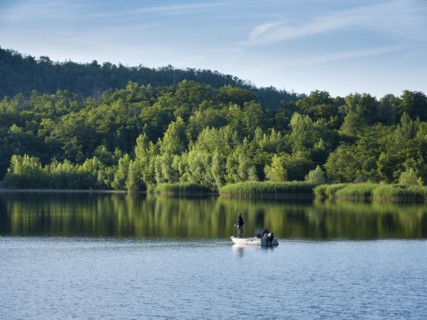 Fishing boat on the Geiseltalsee, Braunsbedra, Saxony-Anhalt, Germany, Europe