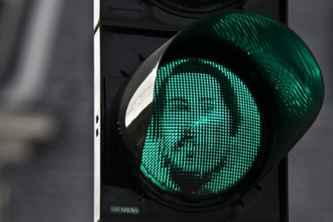 Green Engels traffic light at the Engels House, the birthplace of Friedrich Engels, historic