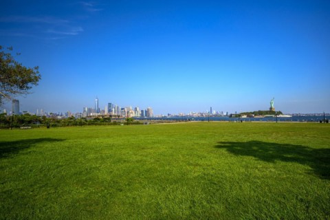 Views on New York Harbor, Manhattan and Statue of Liberty from the Liberty State Park, Jersey City,