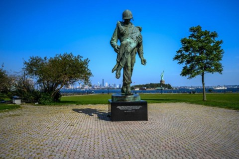 Views on New York Harbor, Manhattan and Statue of Liberty from the Liberty State Park, Jersey City,