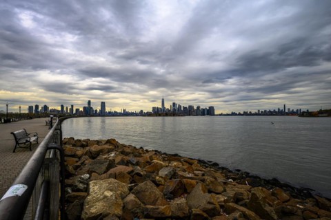Views on New York Harbor, Manhattan and Statue of Liberty from the Liberty State Park, Jersey City,