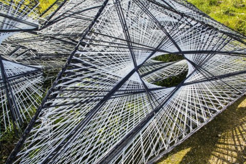 Facade material for the Texoversum, construction site, facade mesh lies on the ground, Reutlingen