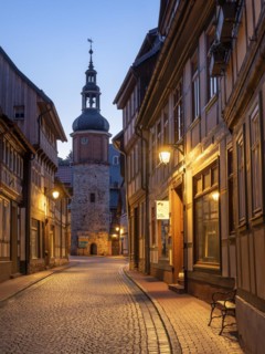 Niedergasse with Saigerturm at dusk, half-timbered houses and cobblestones, Stolberg im Harz,