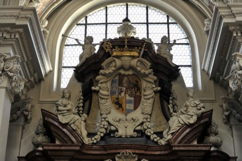 St Stephen's Cathedral, Passau, Baroque sculpture gallery with coats of arms and angels on a