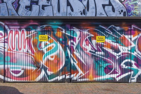 Graffiti, colourfully painted garage door, Bremen, Germany, Europe