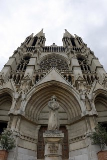 Church of Saint-Vincent-de-Paul, Detailed front view of a Gothic-style church facade with central