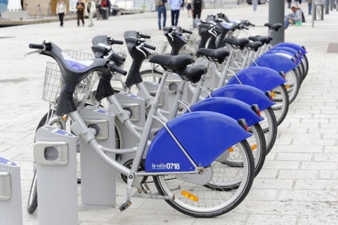 Marseille, row of blue hire bikes at a municipal station, Marseille, Departement Bouches du Rhone,