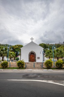 Deshaies, historic Caribbean wooden building of a street in Guadeloupe, Caribbean, French Antilles