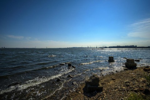 Views on New York Harbor, Manhattan and Statue of Liberty from the Liberty State Park, Jersey City,