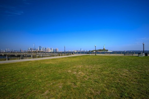 Views on New York Harbor, Manhattan and Statue of Liberty from the Liberty State Park, Jersey City,