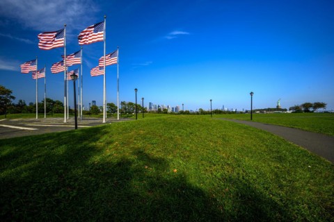 Views on New York Harbor, Manhattan and Statue of Liberty from the Liberty State Park, Jersey City,